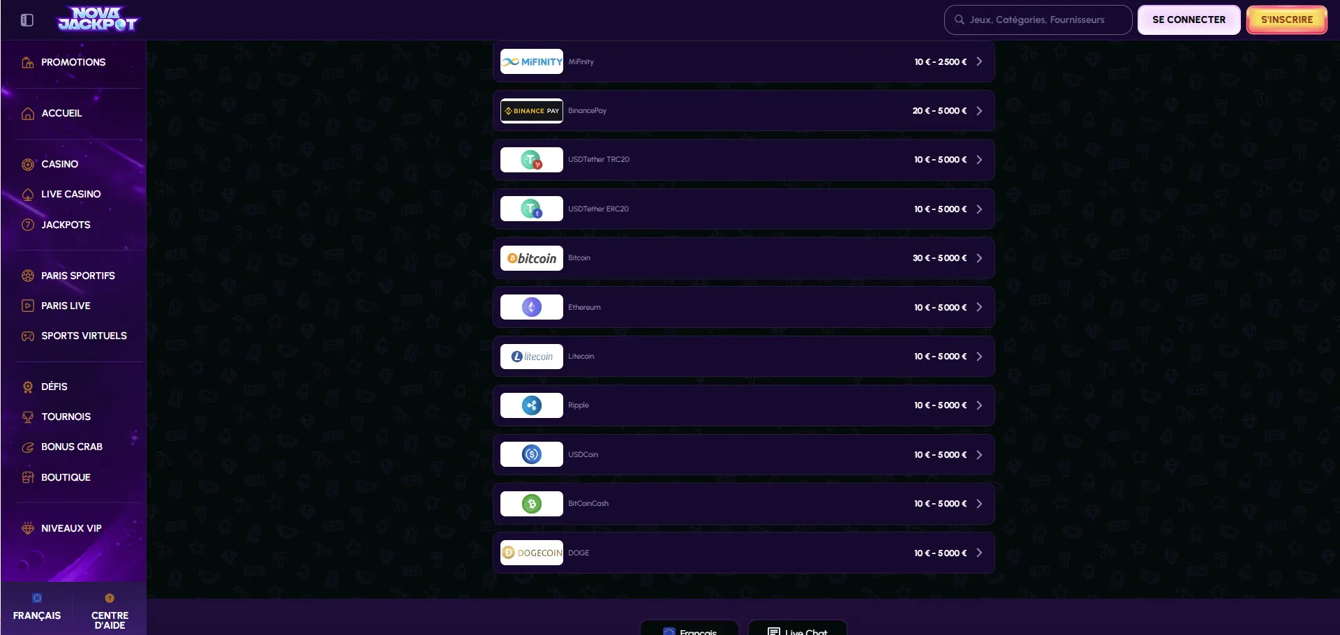 methodes de paiement sur nova jackpot