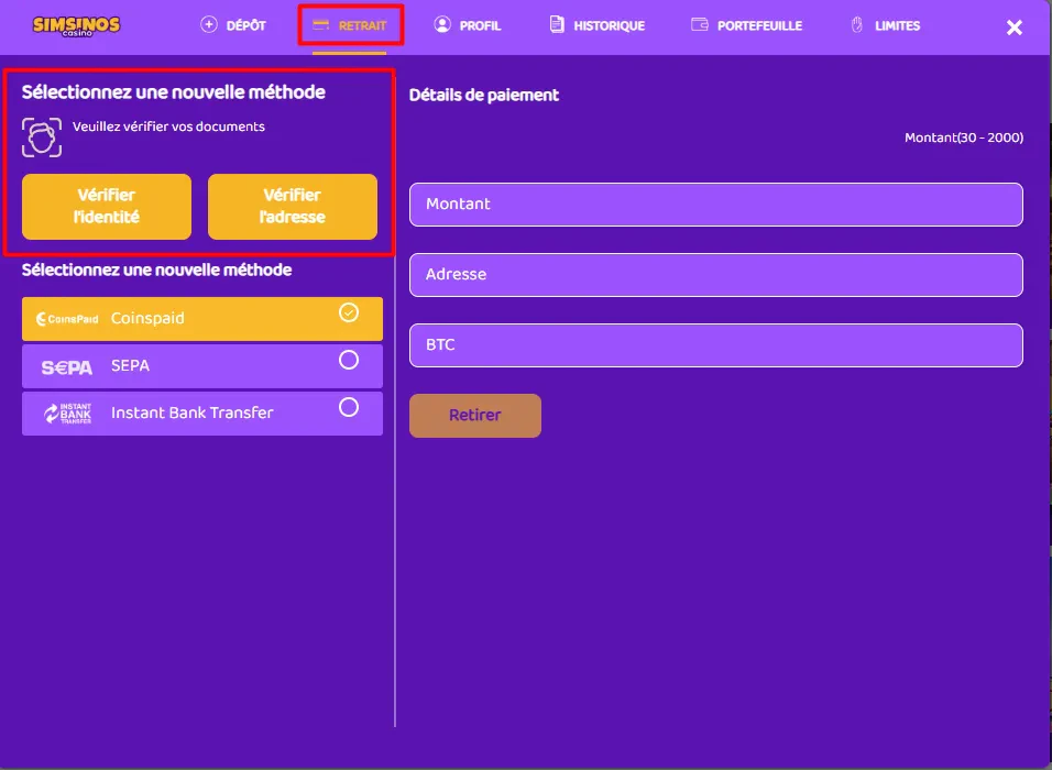 page de retrait sur simsinos