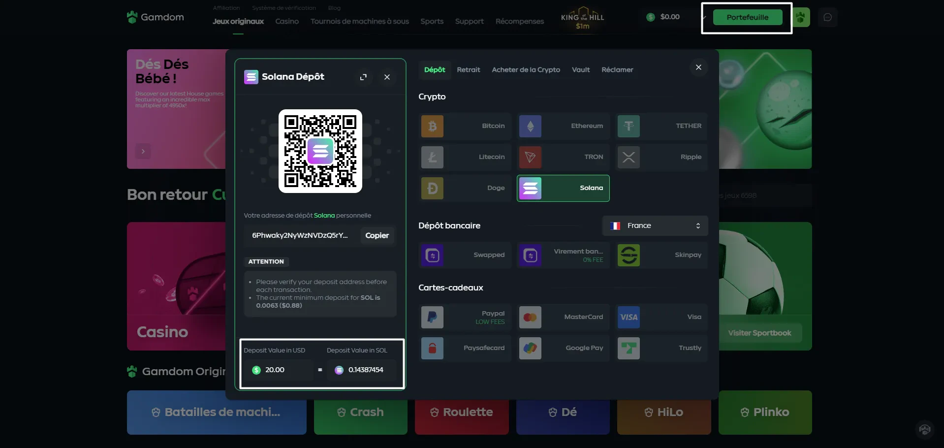 dépôt en crypto sur gamdom