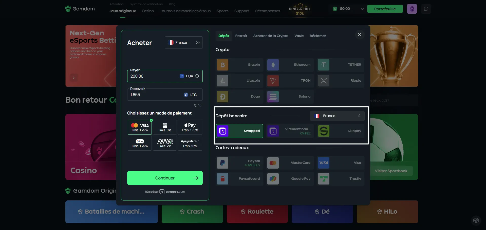 différents dépôt sur Gamdom