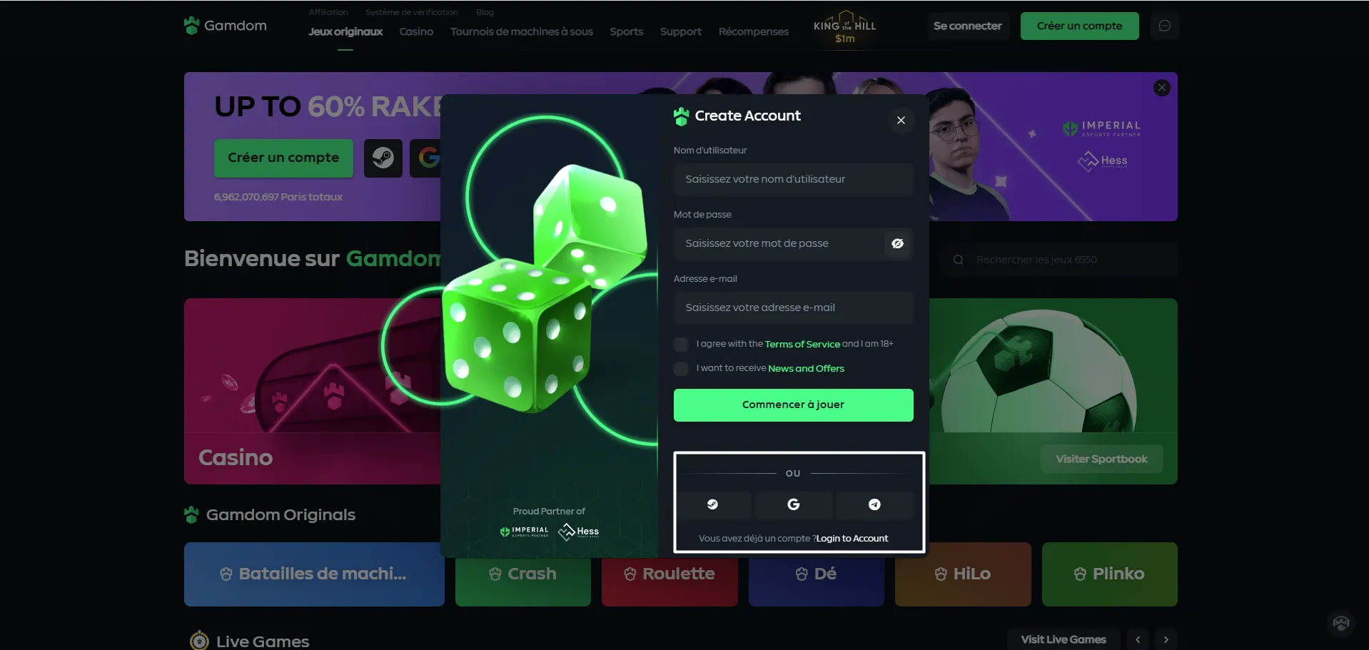 page d'inscription sur le casino gamdom