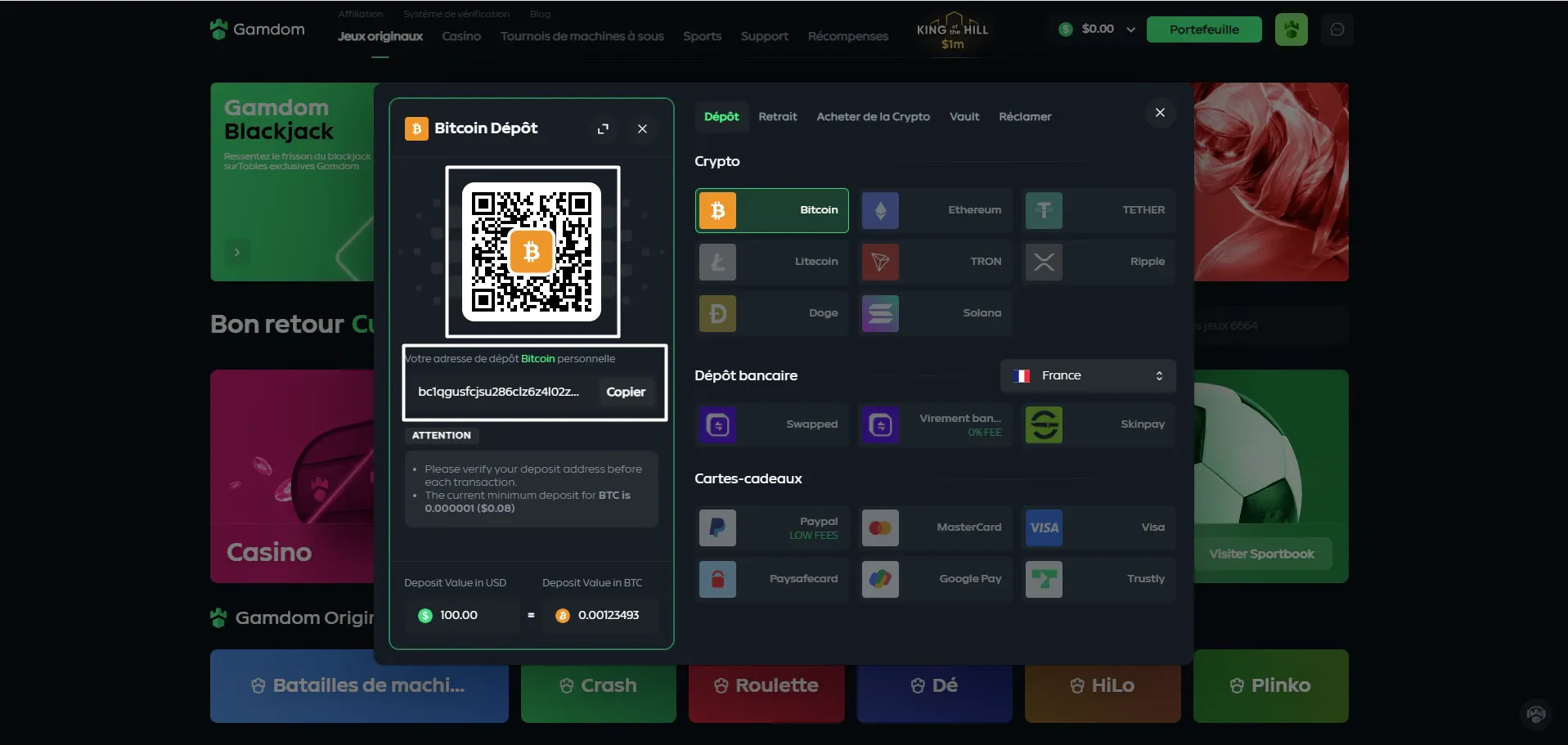dépôt de crypto sur gamdom