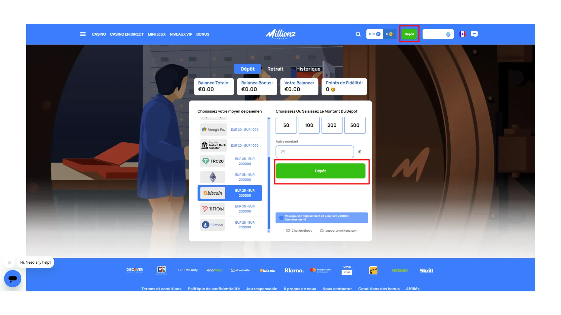 depot sur millionz en bitcoin