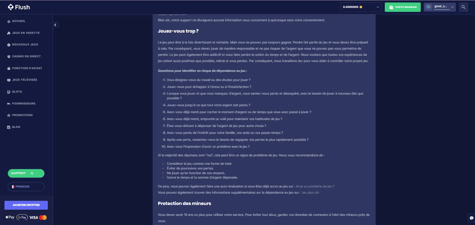 questions pour le jeu responsable sur flush