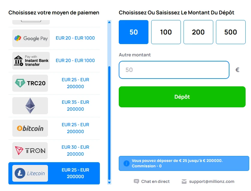 Envoyer ses LTC sur Millionz