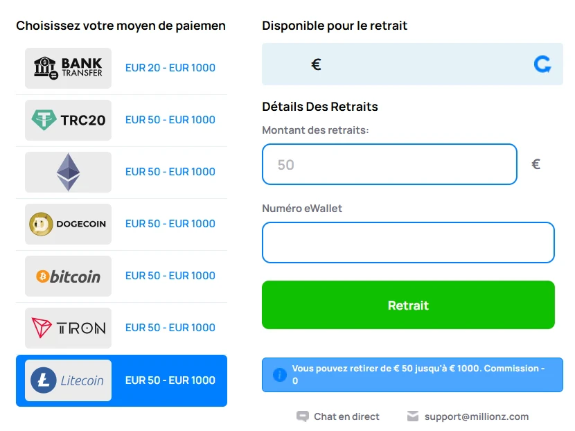 Retirer ses gains en LTC sur Millionz