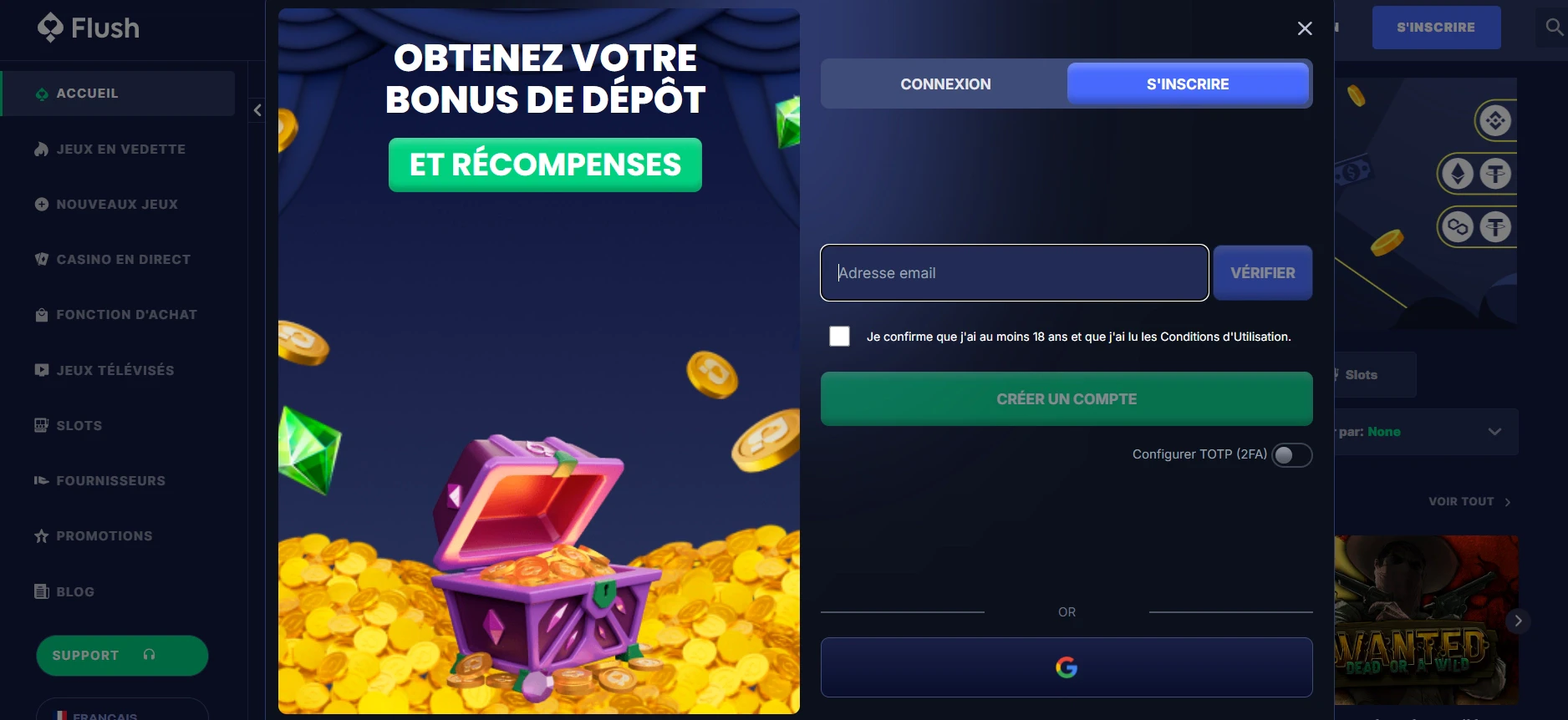 Inscription sur Flush Casino