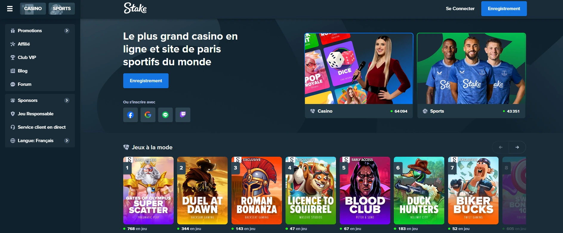 Page d'accueil de Stake