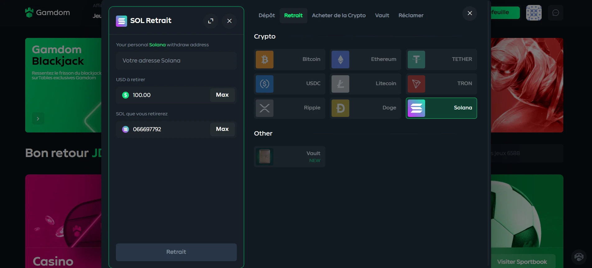 Retirer ses gains en Solana sur Gandom