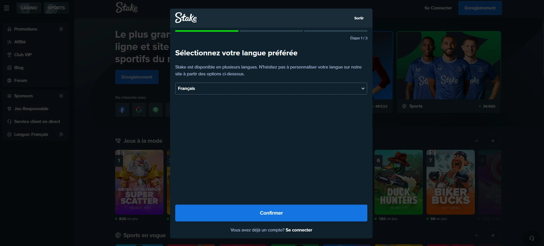 Sélection de la langue sur Stake