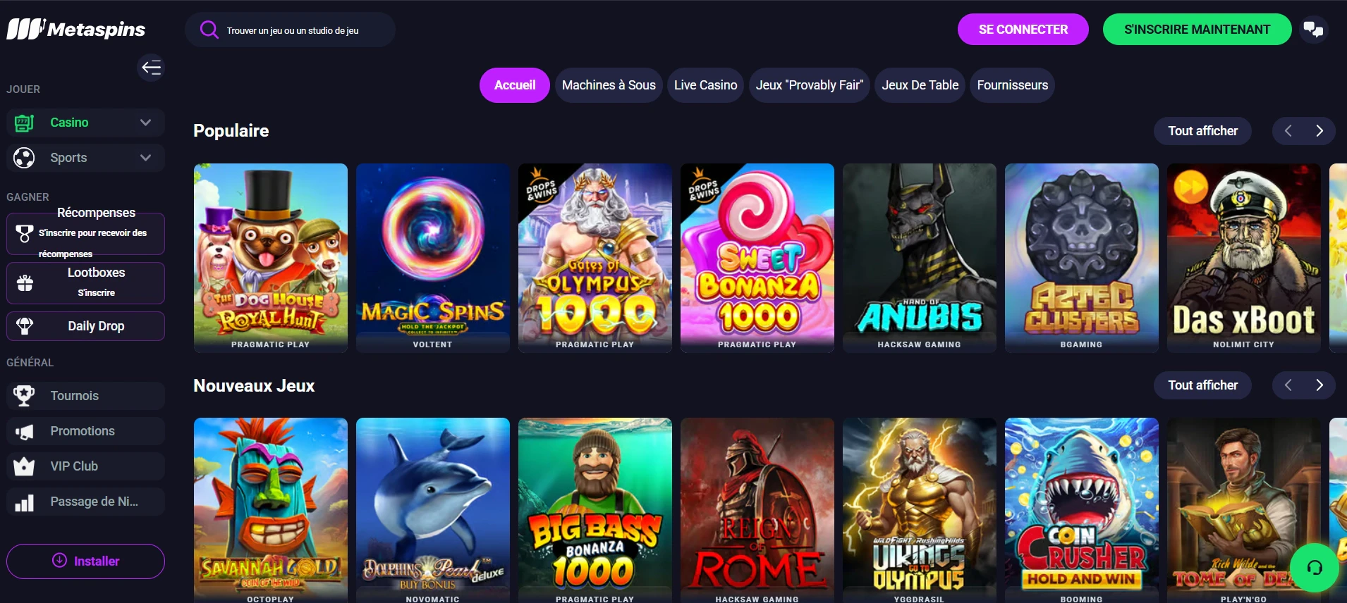 Le catalogue de jeu de Metaspins