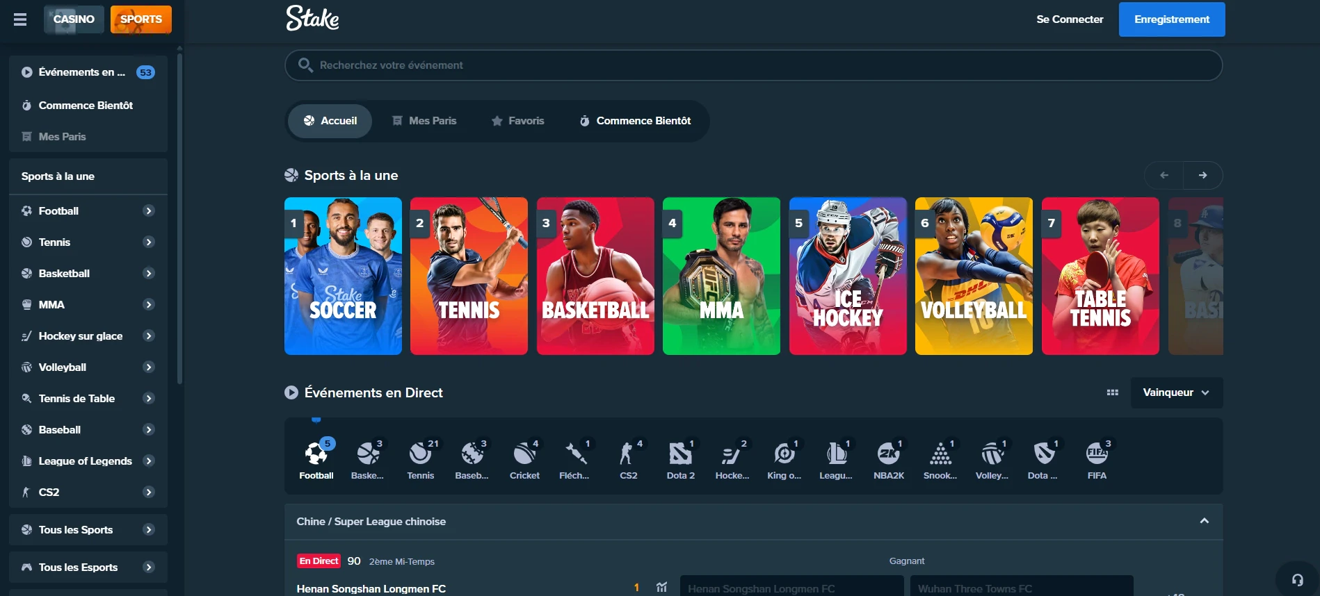 Les paris sportifs sur Stake