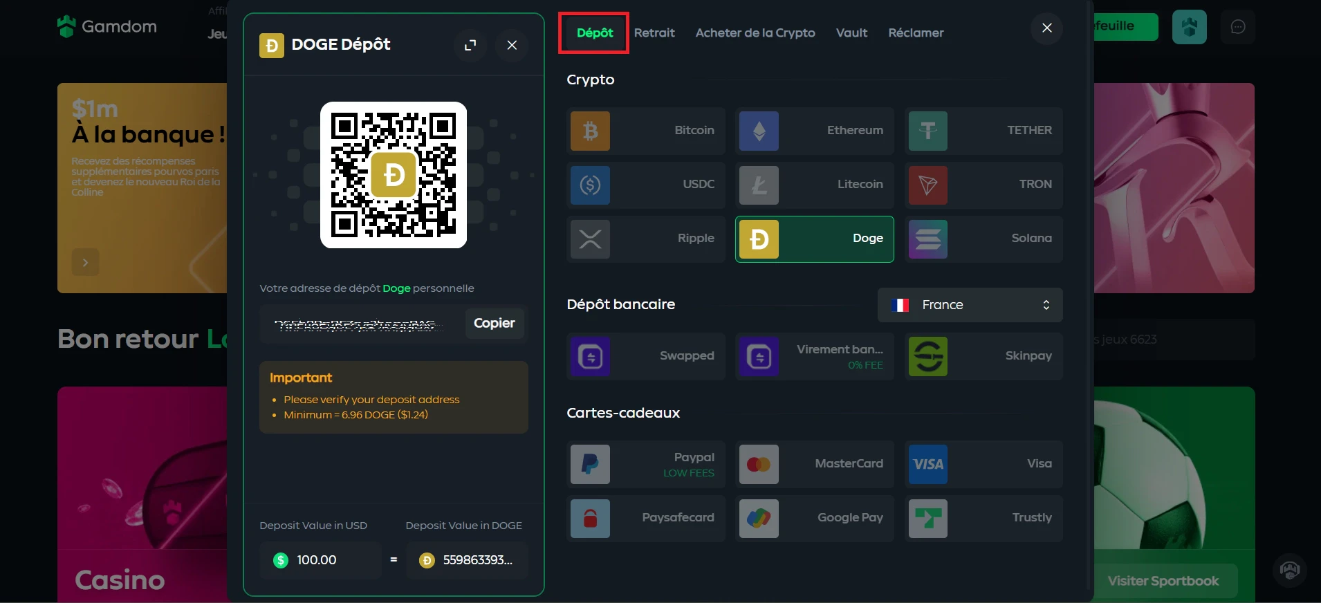 Déposer du Dogecoin sur Gandom