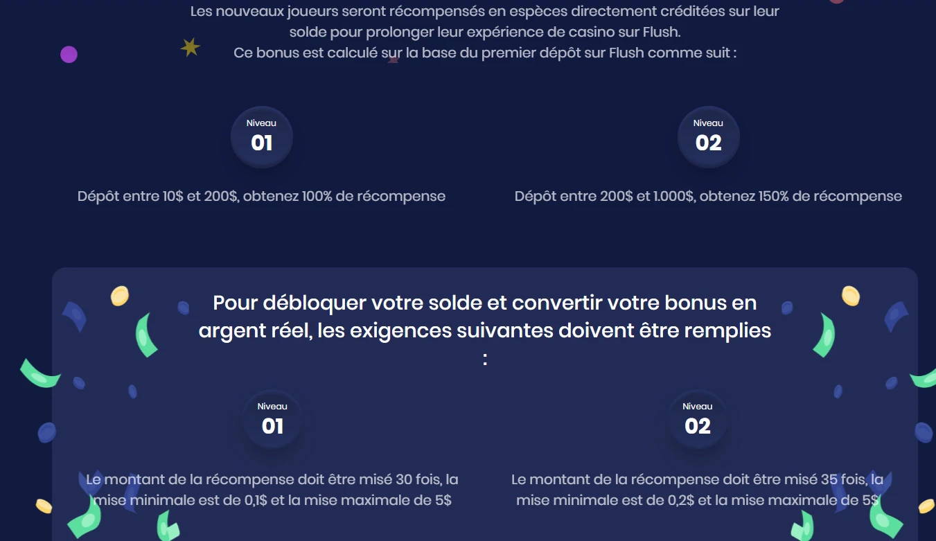 Exigences de mise du bonus de bienvenue de Flush