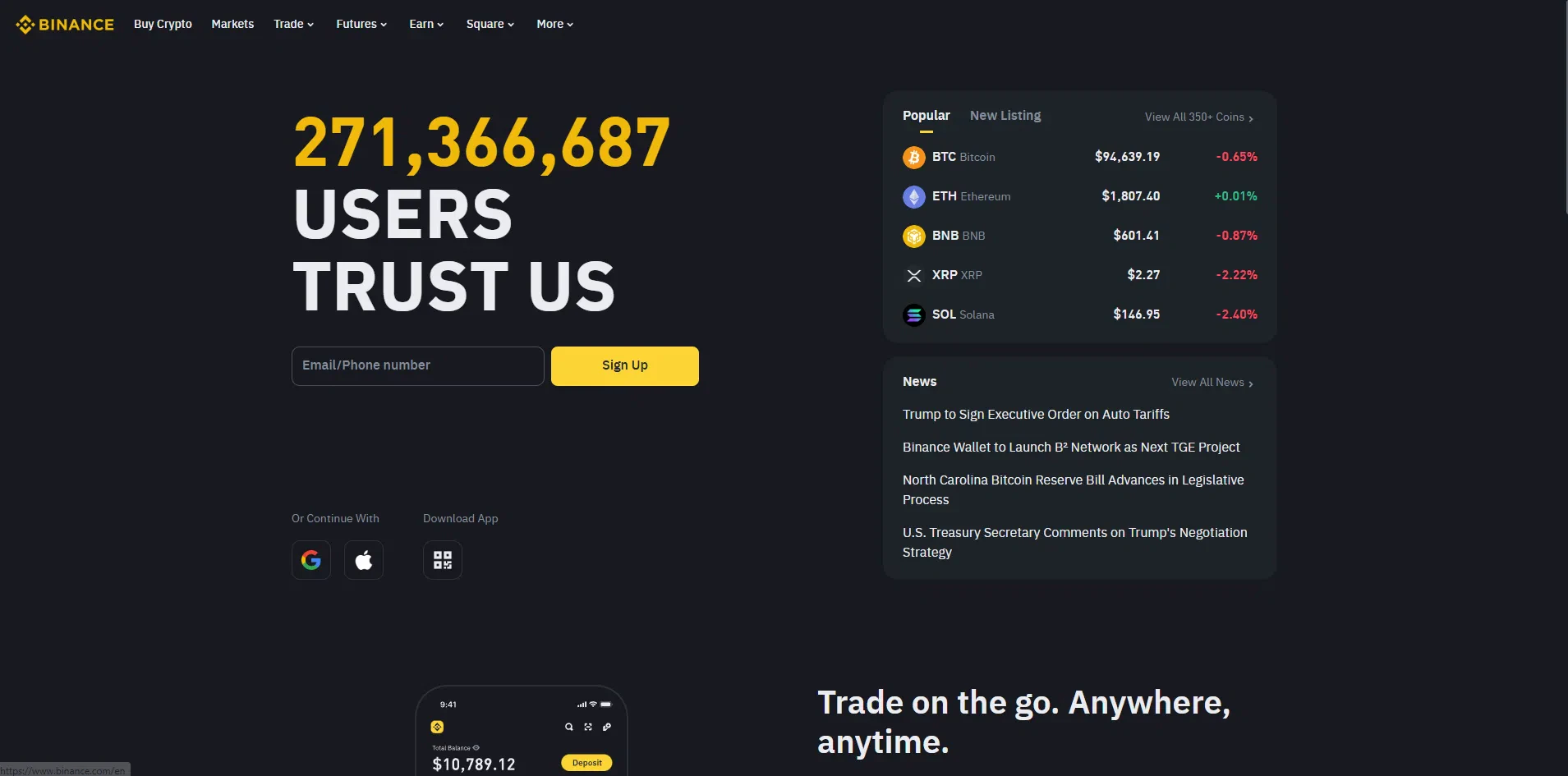 page d'accueil de binance