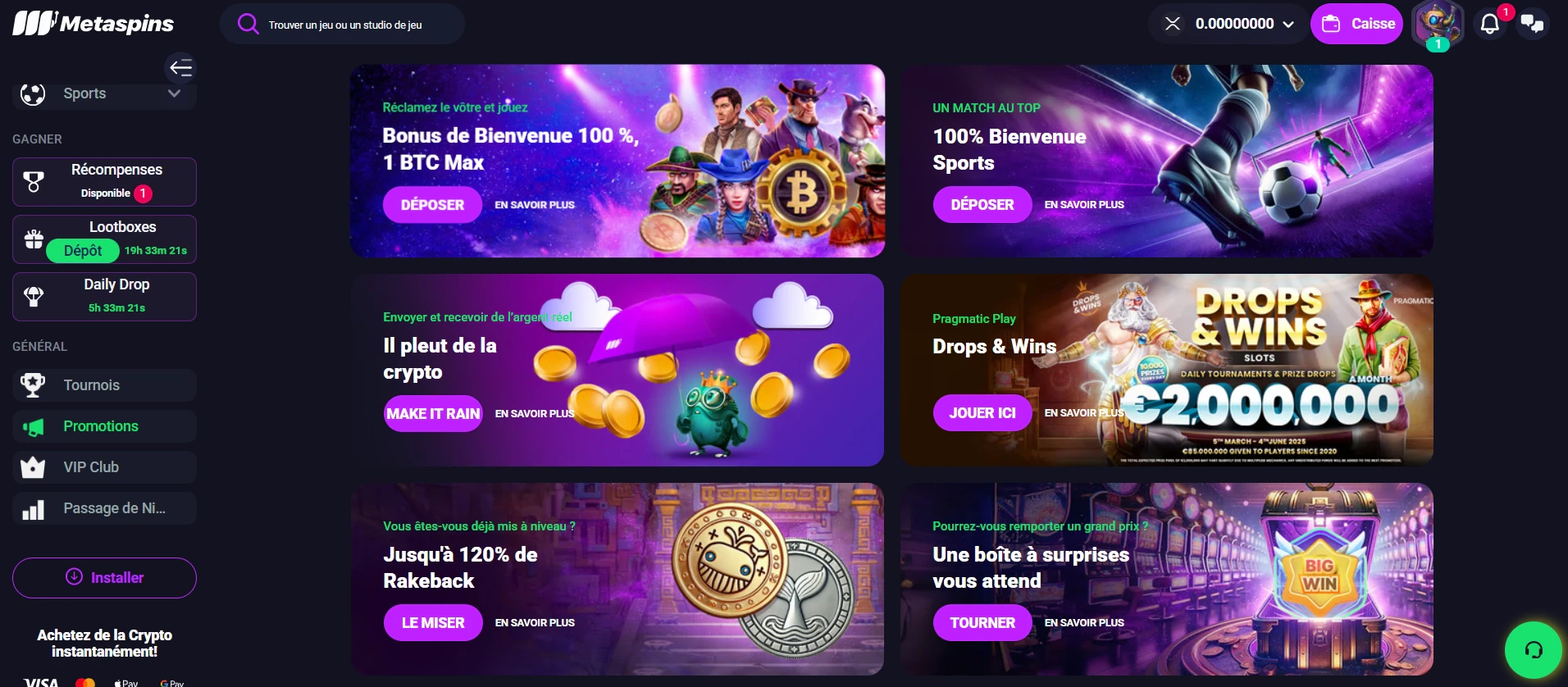 Les bonus et promotions de Metaspins