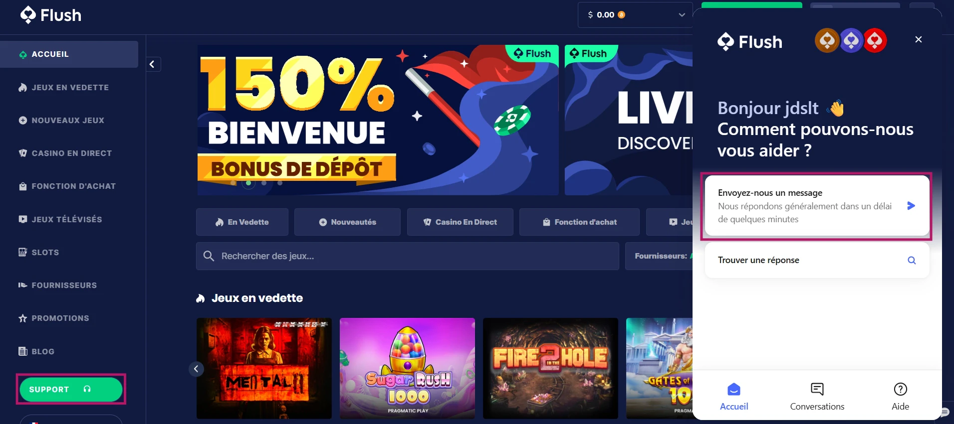 Le service support de Flush Casino