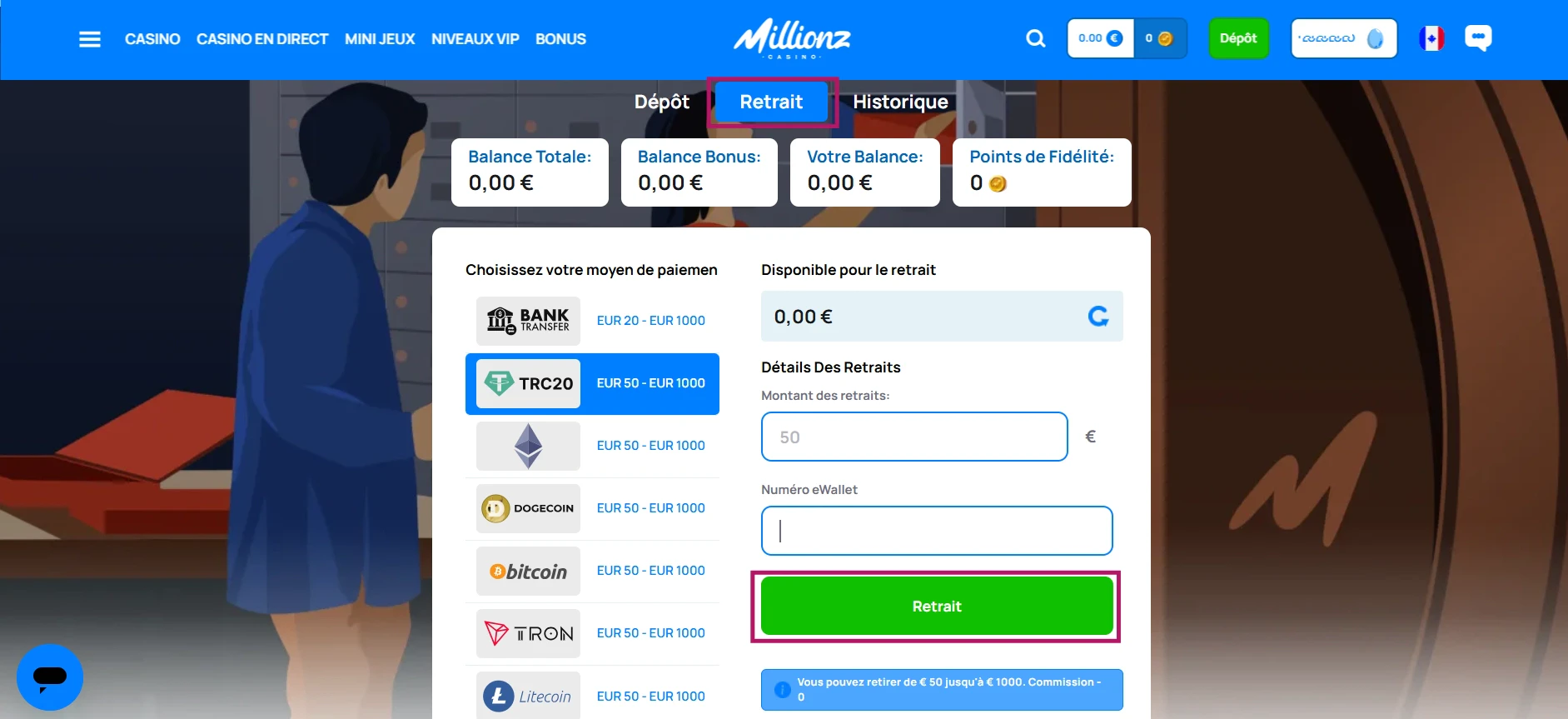 Retirer ses gains sur Millionz