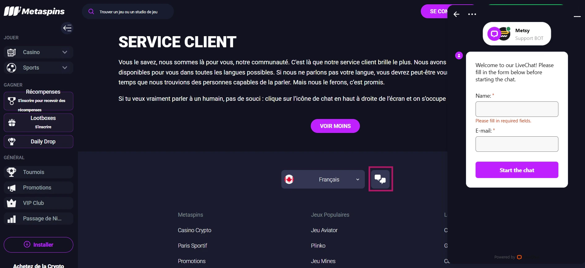 Accédez au service client sur Metaspins