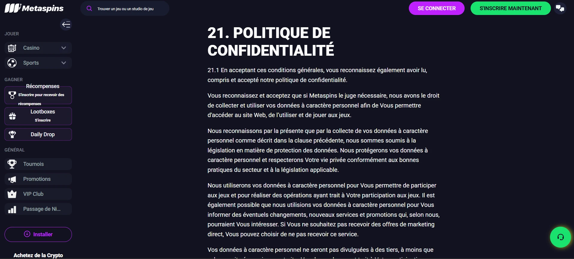 Politique de confidentialité de Metaspins