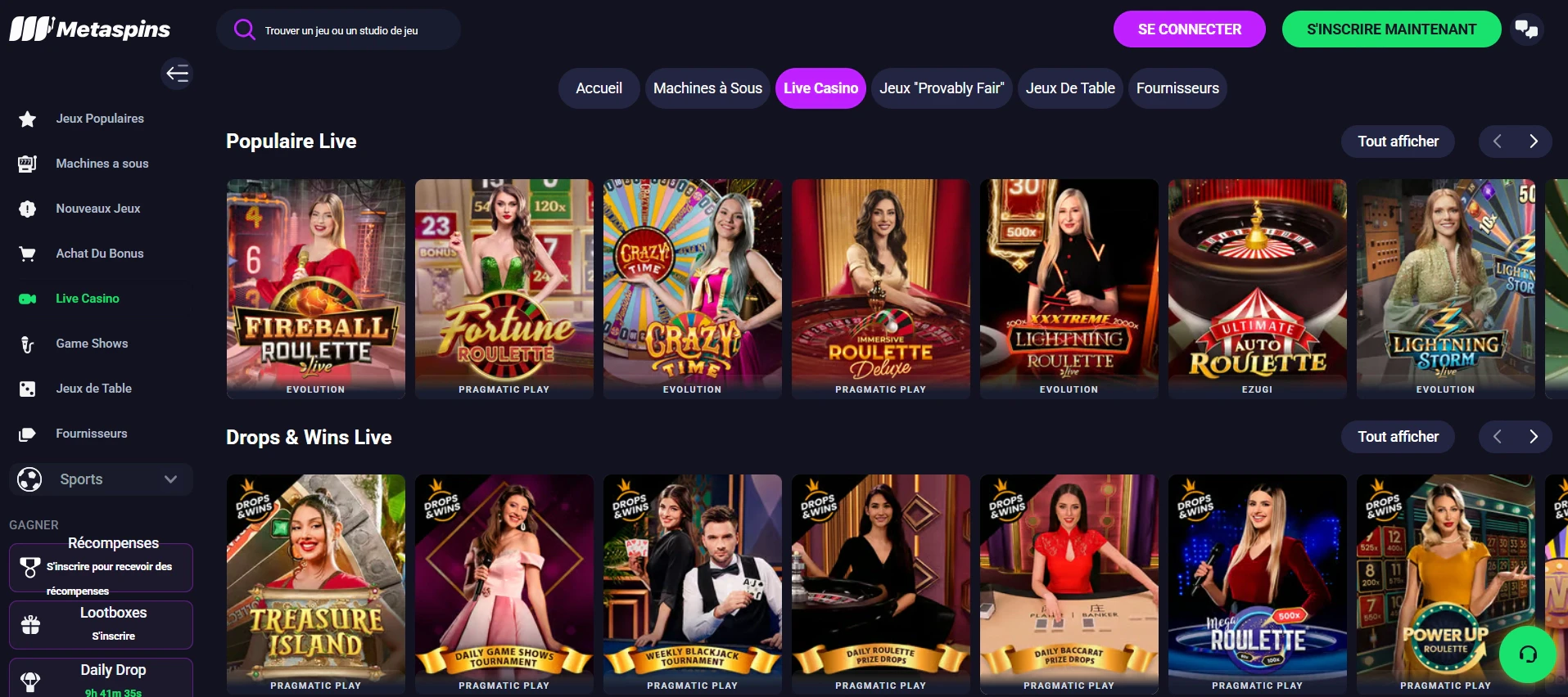 Live casino sur Metaspins
