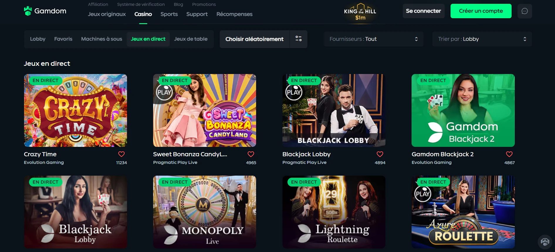 Jeux en direct sur Gamdom
