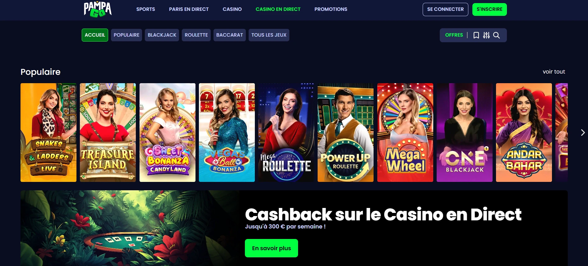 La section Casino en direct de Pampago et son cashback dédié