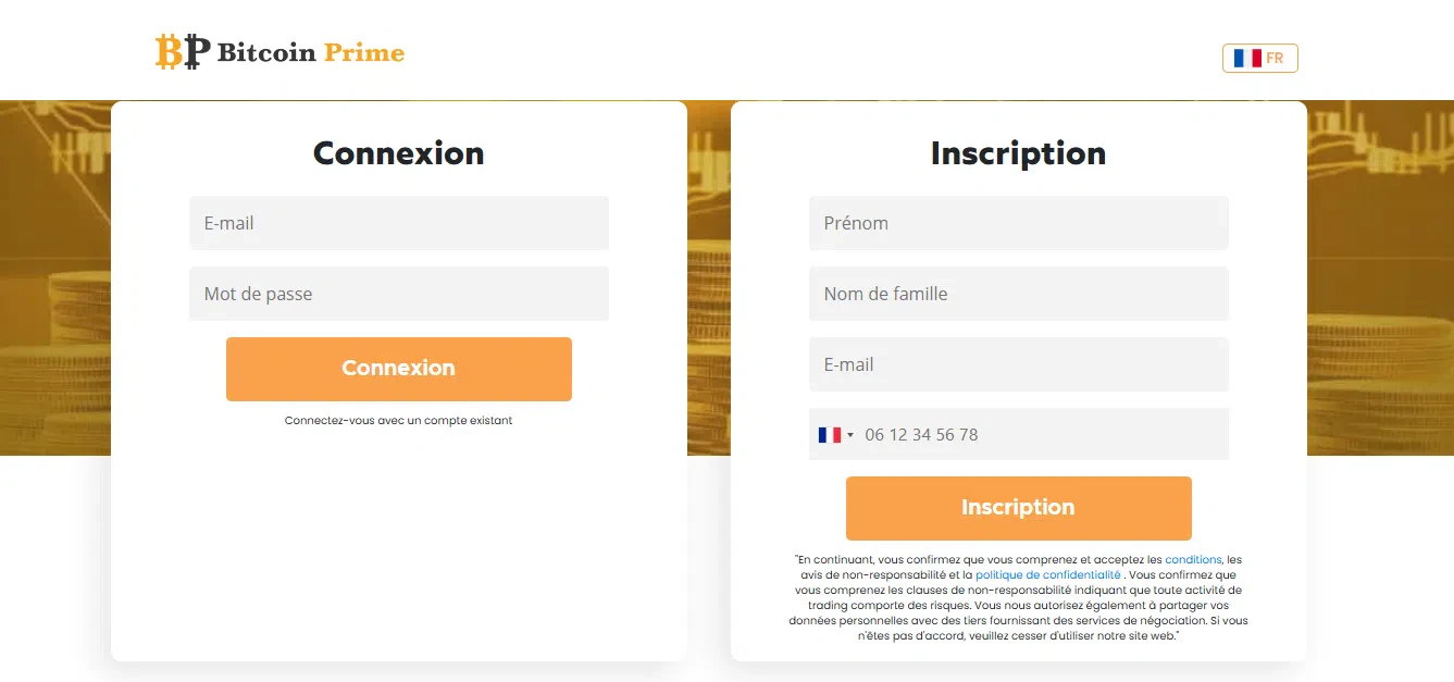 Inscription, Connexion Bitcoin Prime