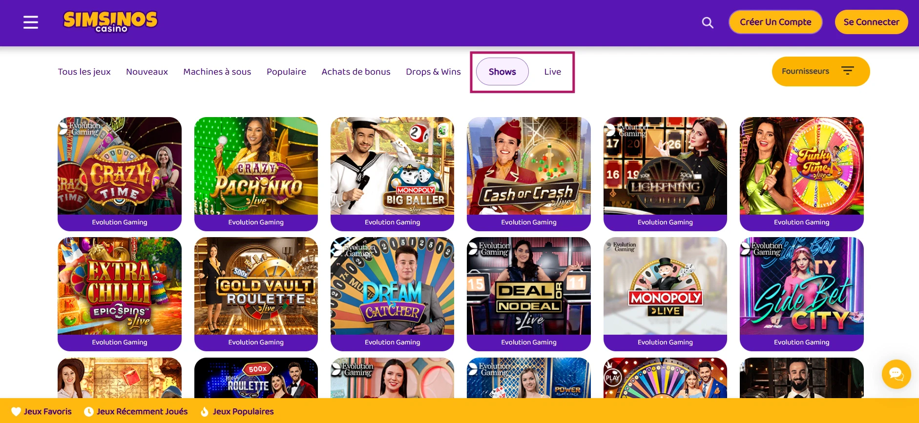 Emissions TV et Casino Live