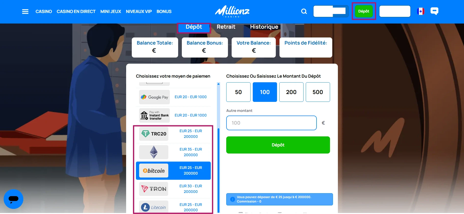 Déposer des cryptomonnaies sur Millionz