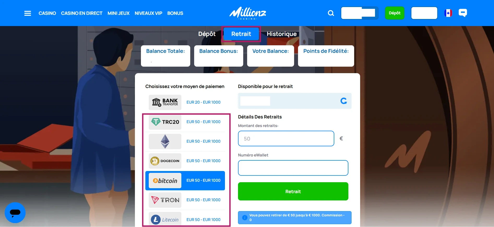 Retirer des cryptomonnaies sur Millionz