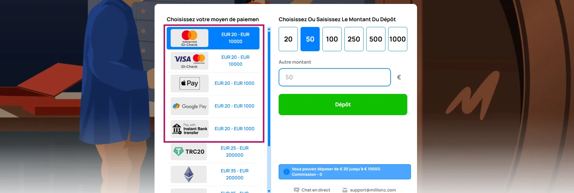 Les moyens de paiement traditionnels sur Millionz
