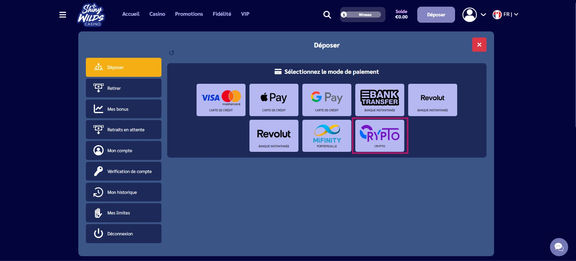 Cliquez sur Crypto