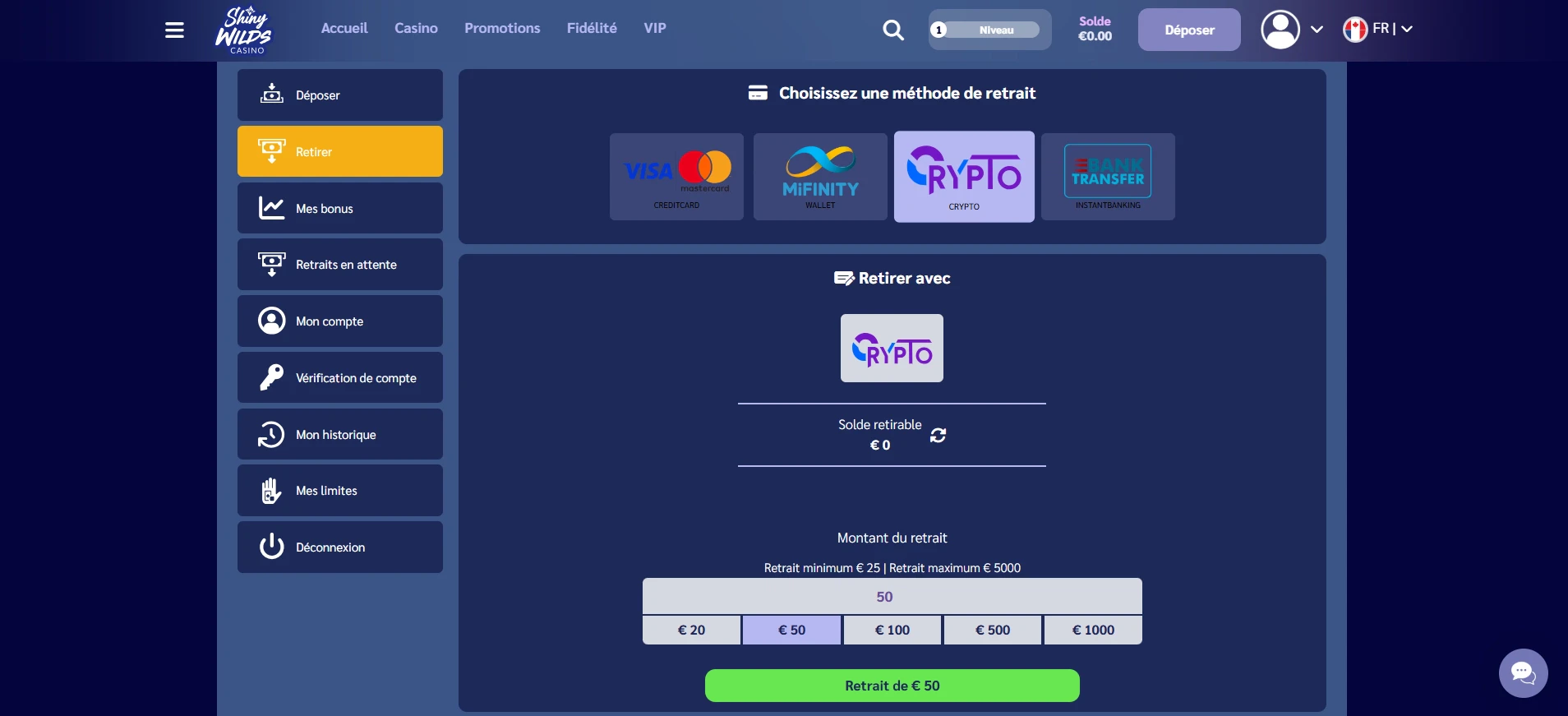 Définir le montant à retirer en crypto