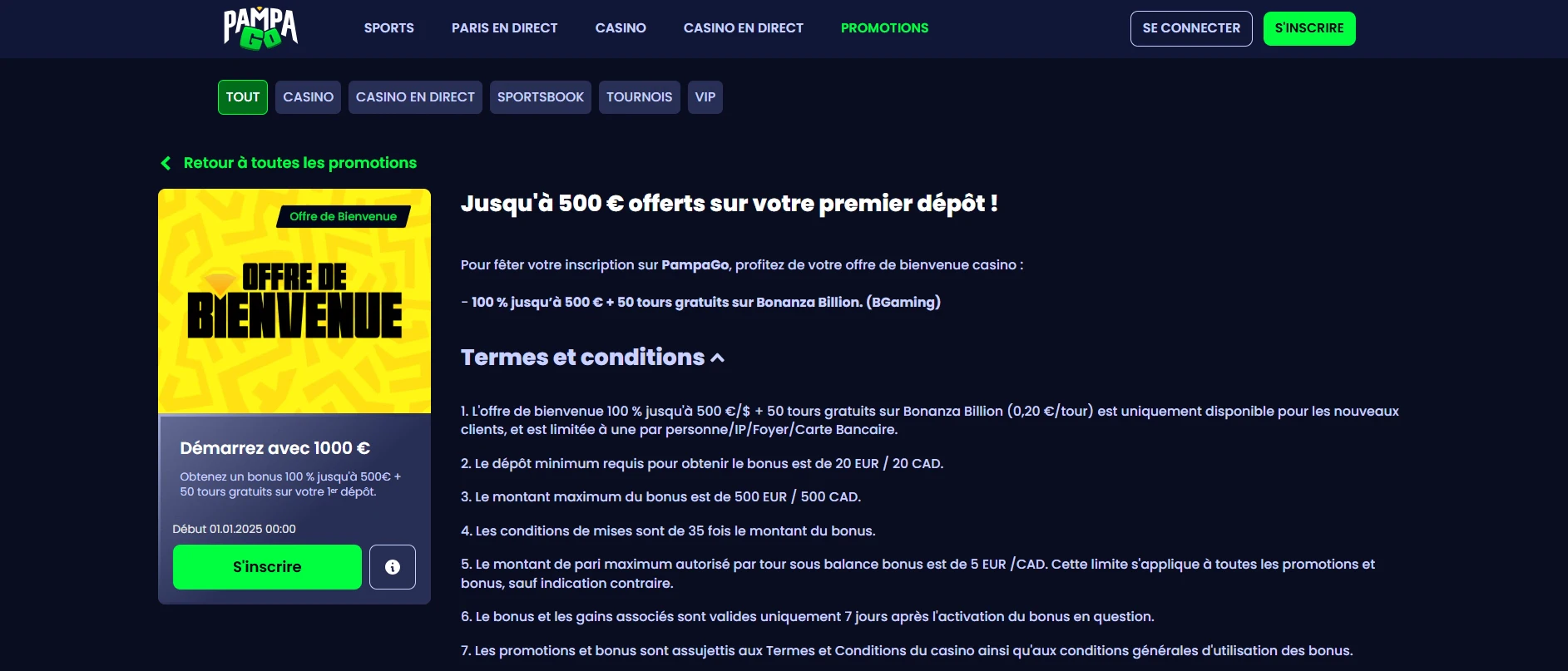 Le bonus de bienvenue de Pampago