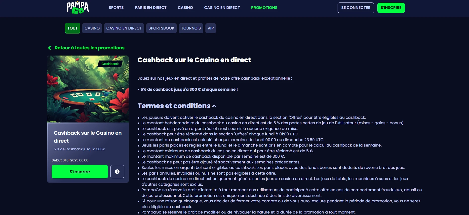 Cashback sur le casino en direct