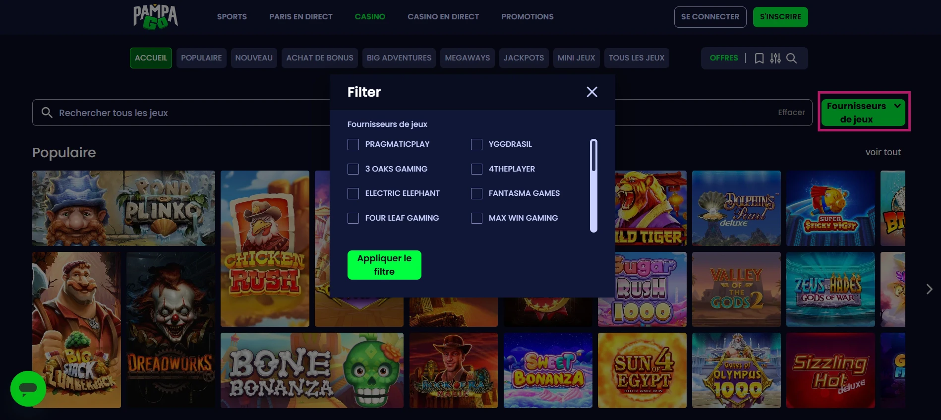 Le filtre pour les fournisseurs de jeux