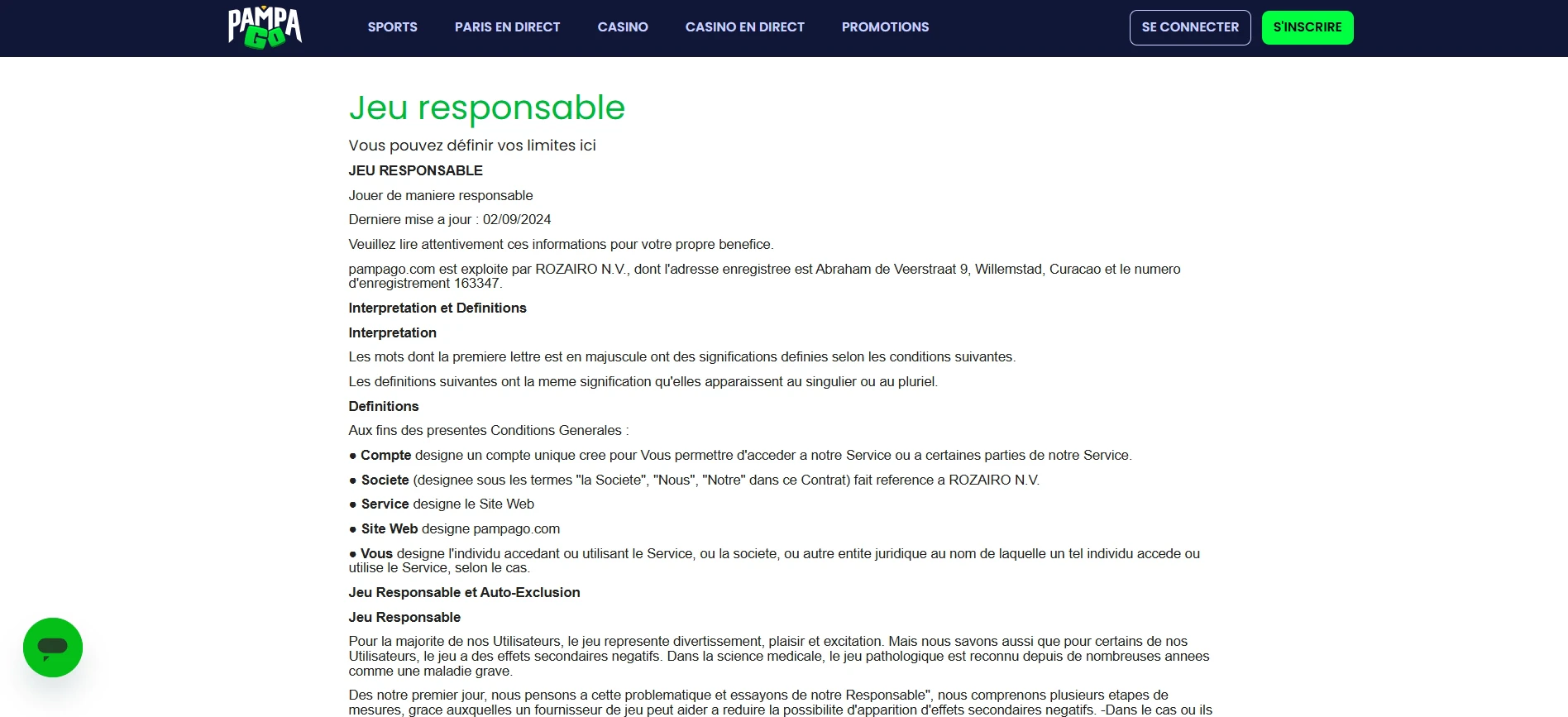 Le politique de Jeu Responsable de Pampago