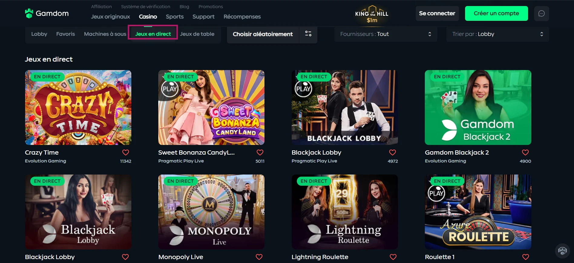Les meilleurs jeux en direct sont sur Gamdom