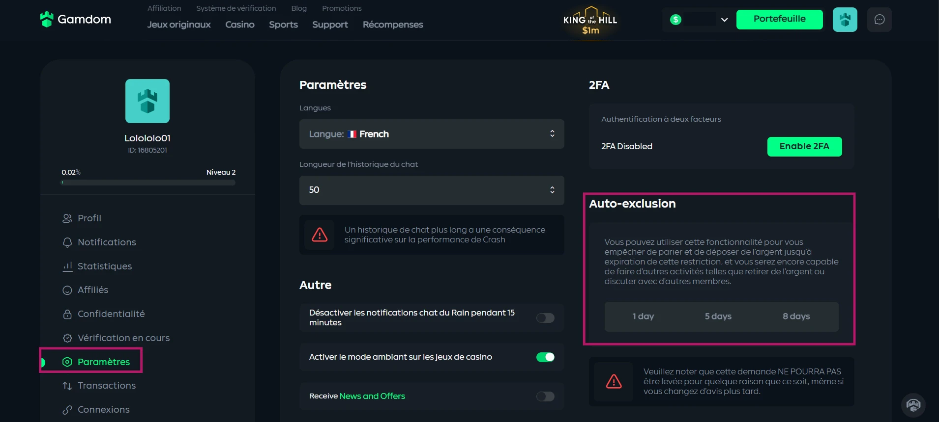 Auto exclusion depuis le compte joueur