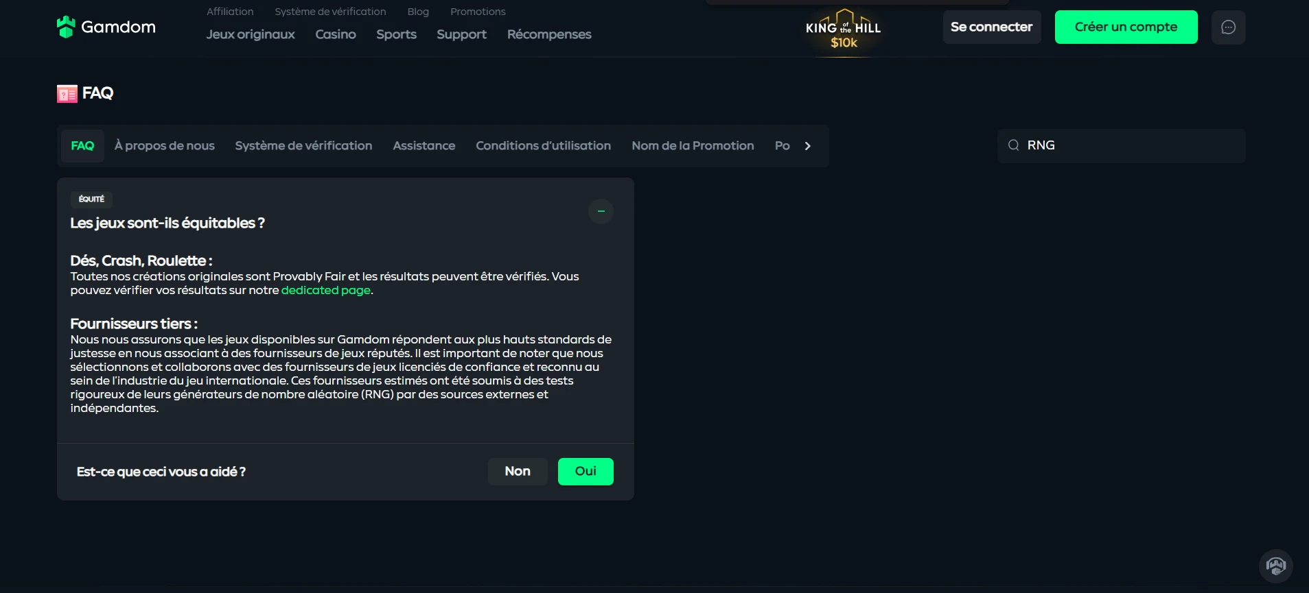 L'équité des jeux sur Gamdom Casino