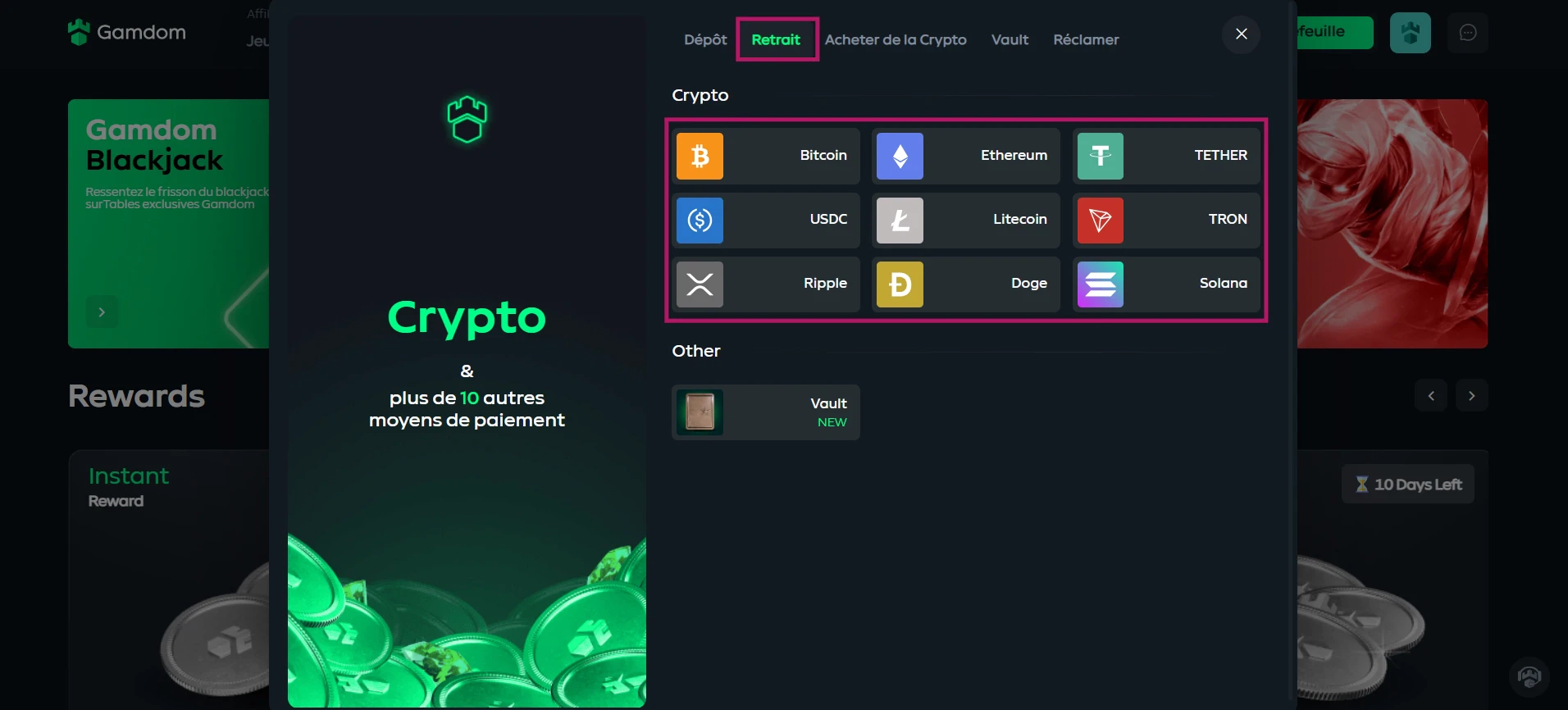 Choix de la crypto pour retirer