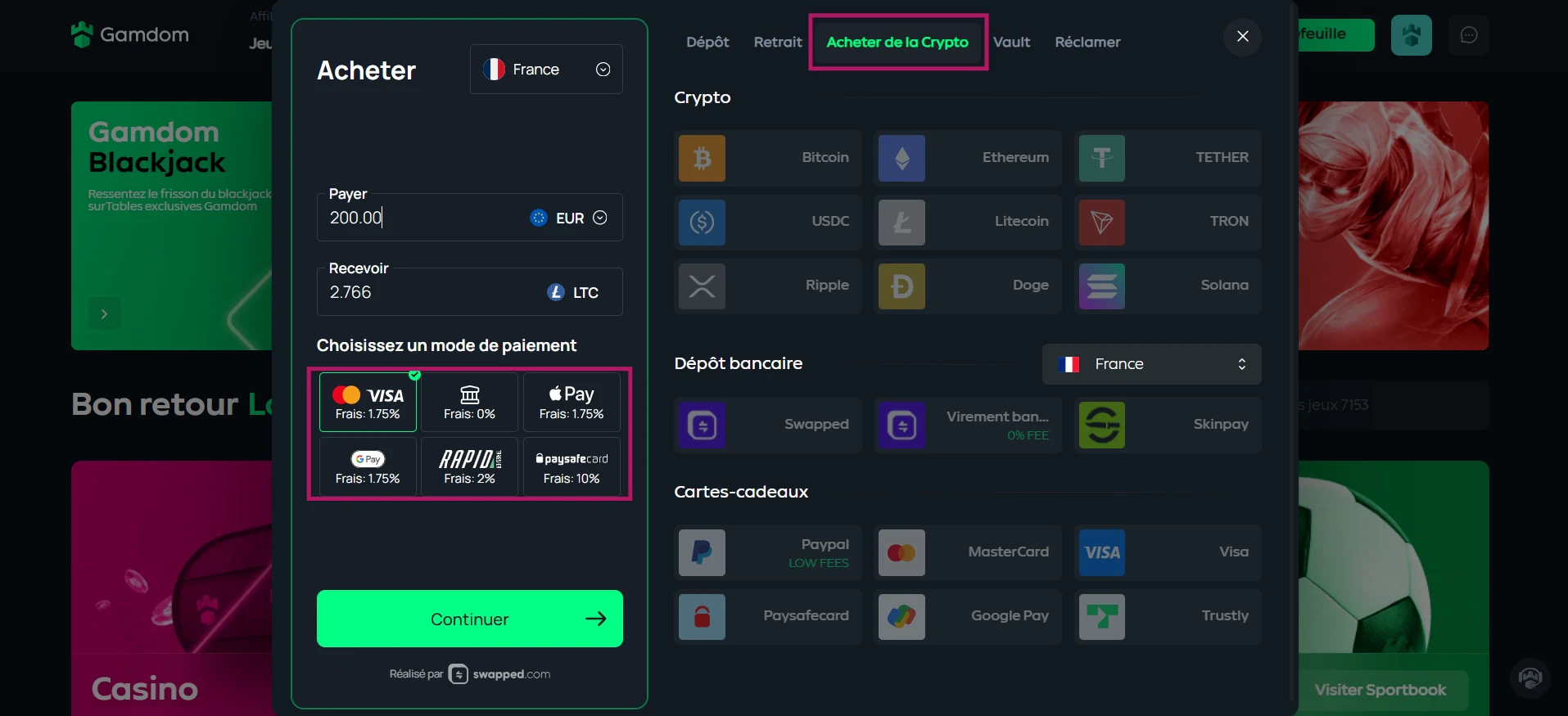 Acheter de la cryptomonnaie directement sur Gamdom