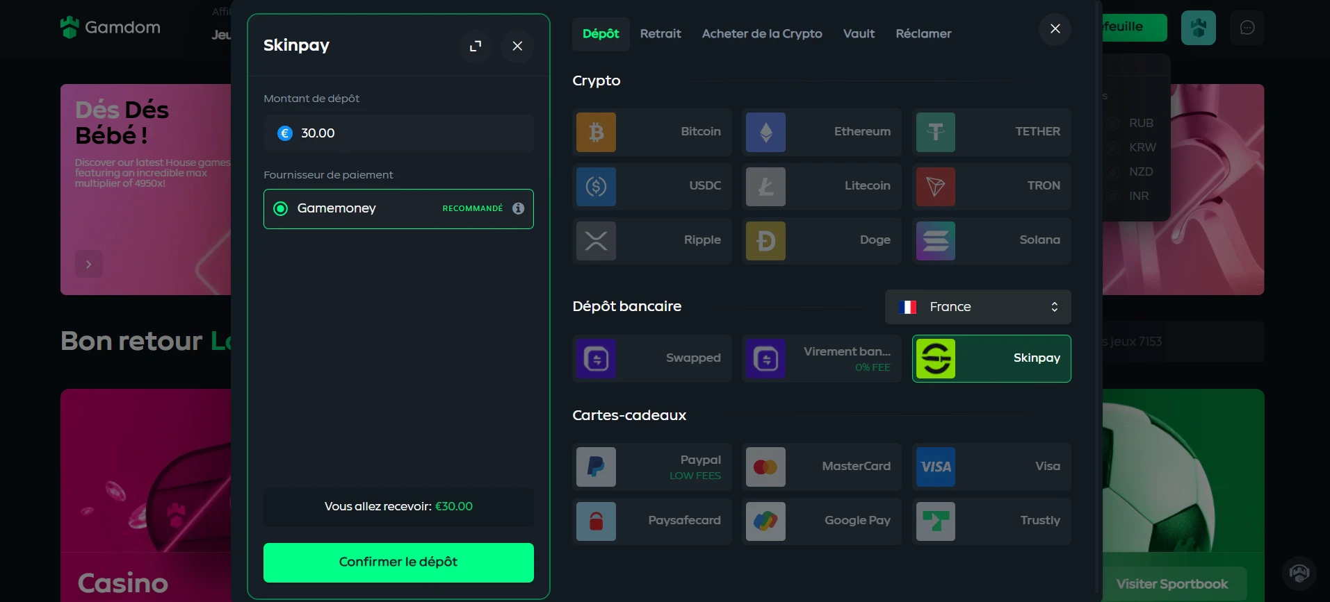 Dépôt avec Skinpay