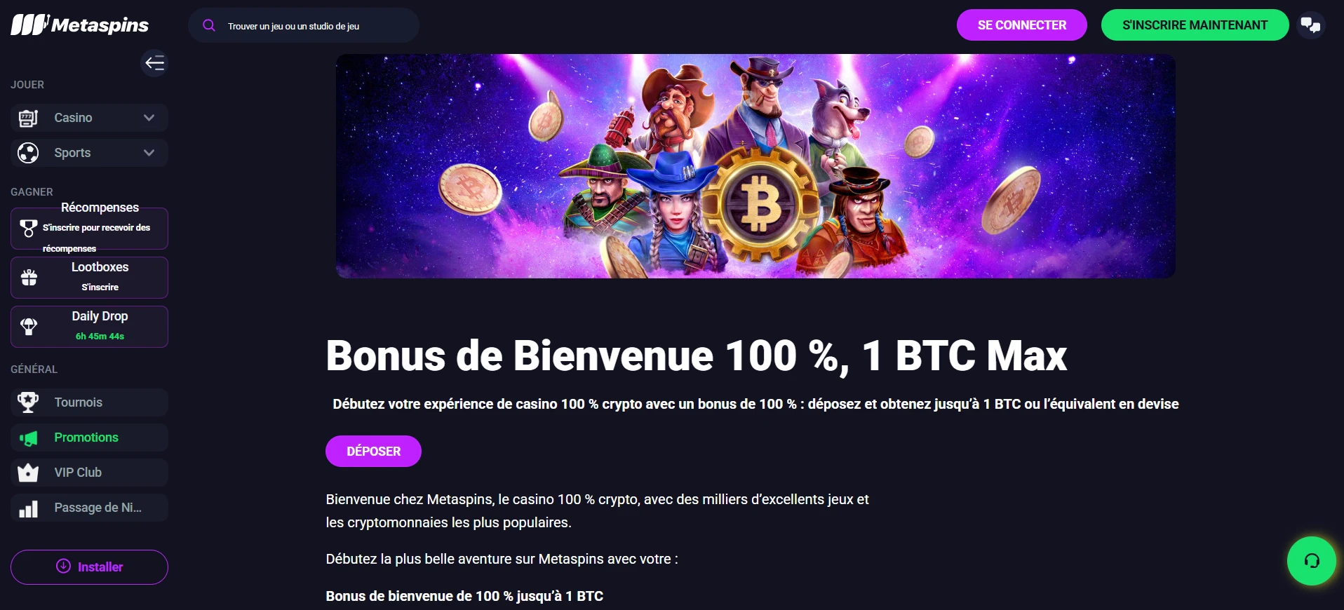 Le bonus de bienvenue colossal de Metaspins