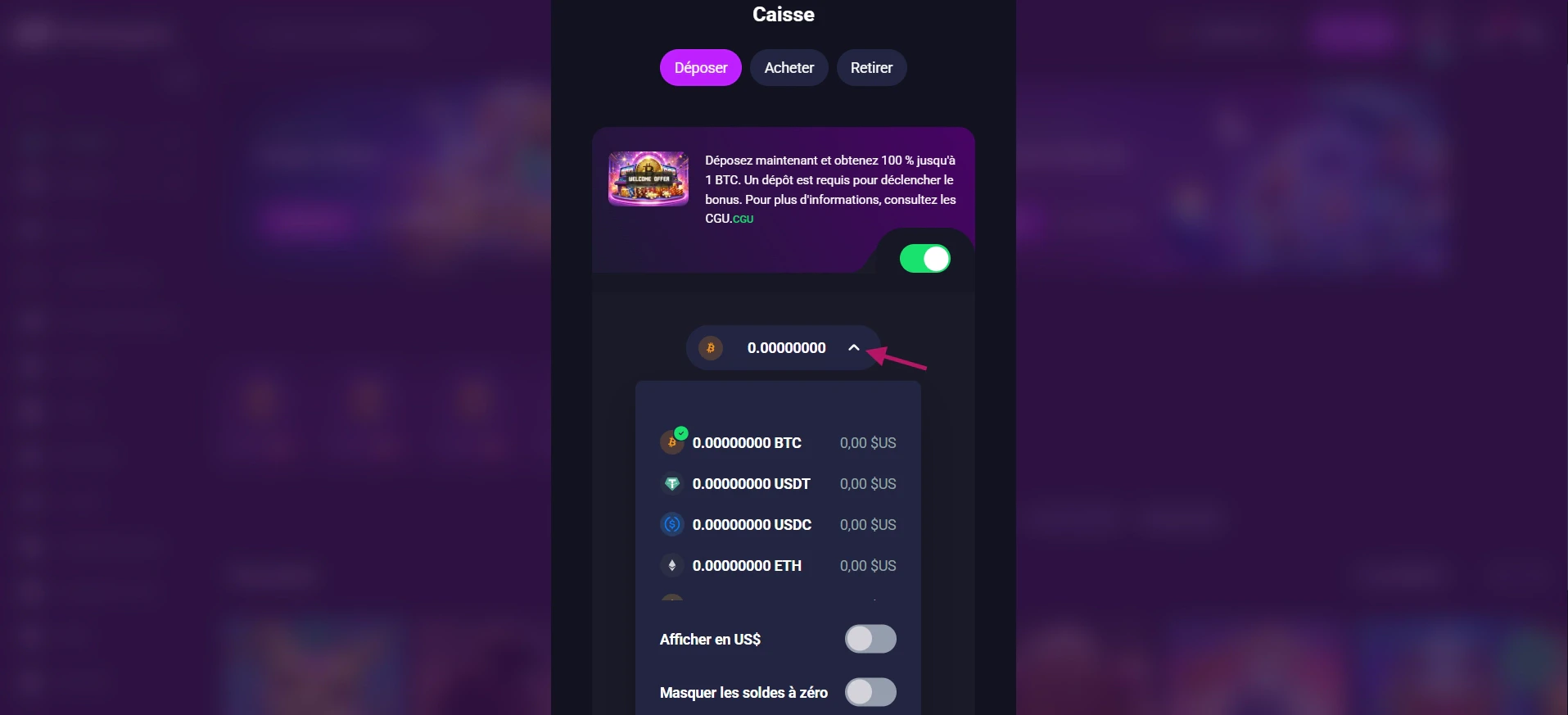 Sélectionnez la crypto de dépôt