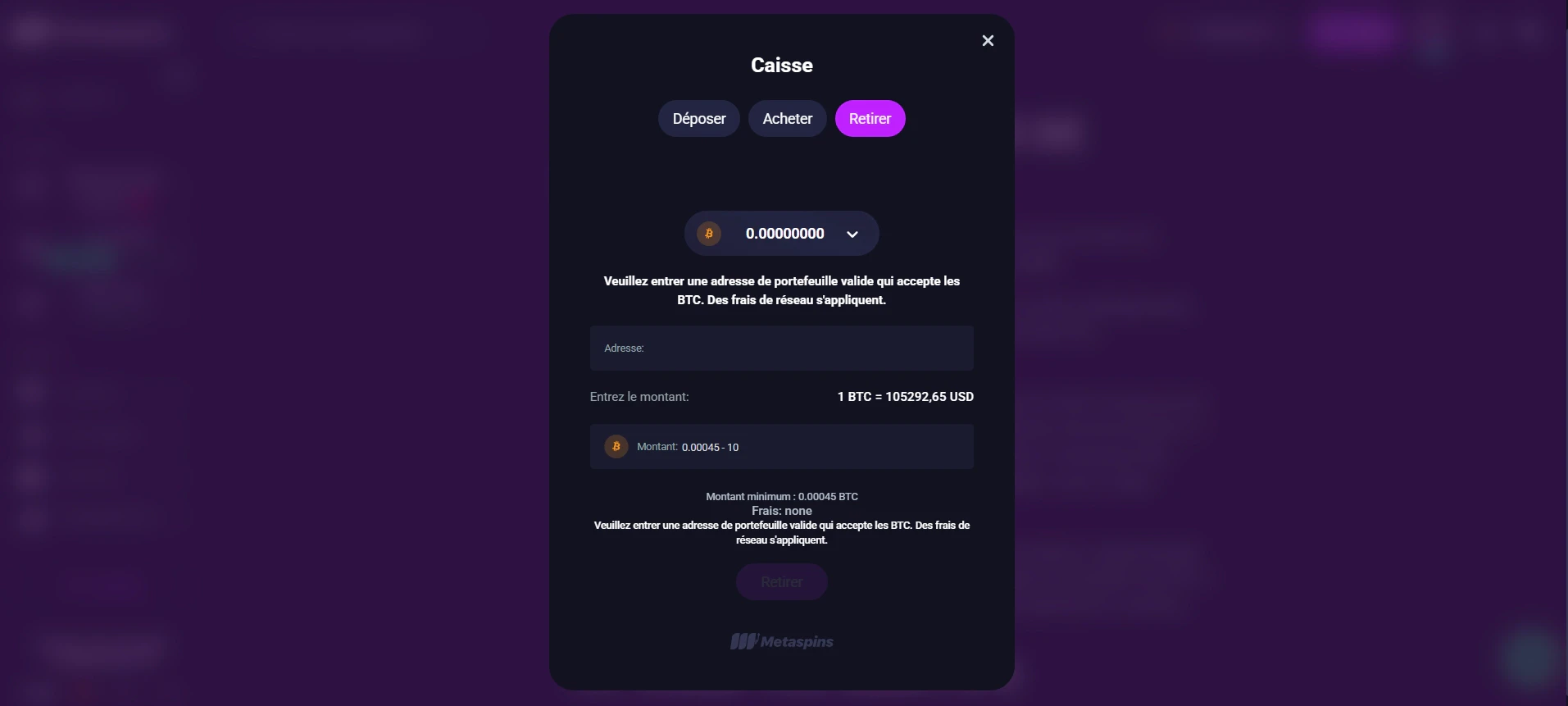 Retirer en crypto sur Metaspins