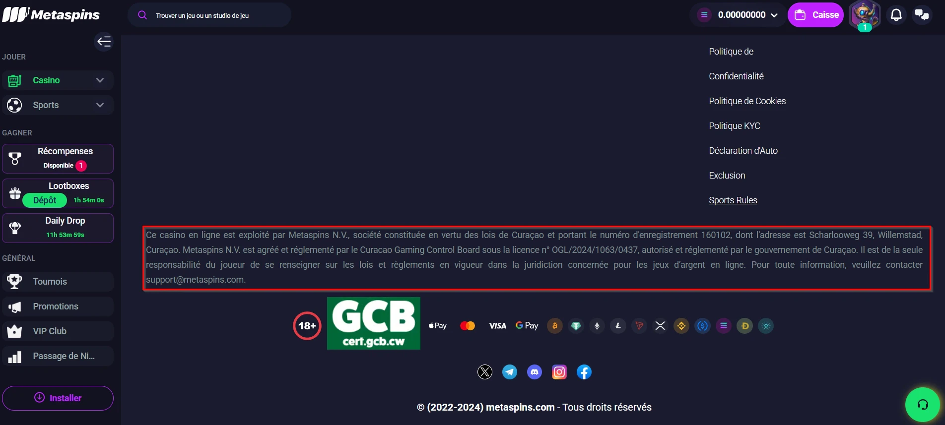 La licence Curacao sur Metaspins casino