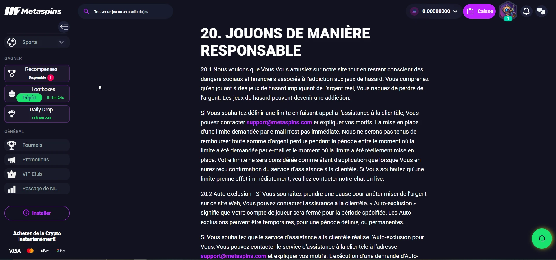Le jeu responsable sur Metaspins