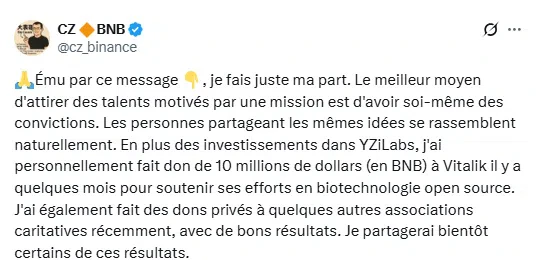 Changpeng Zhao envoie 10M$